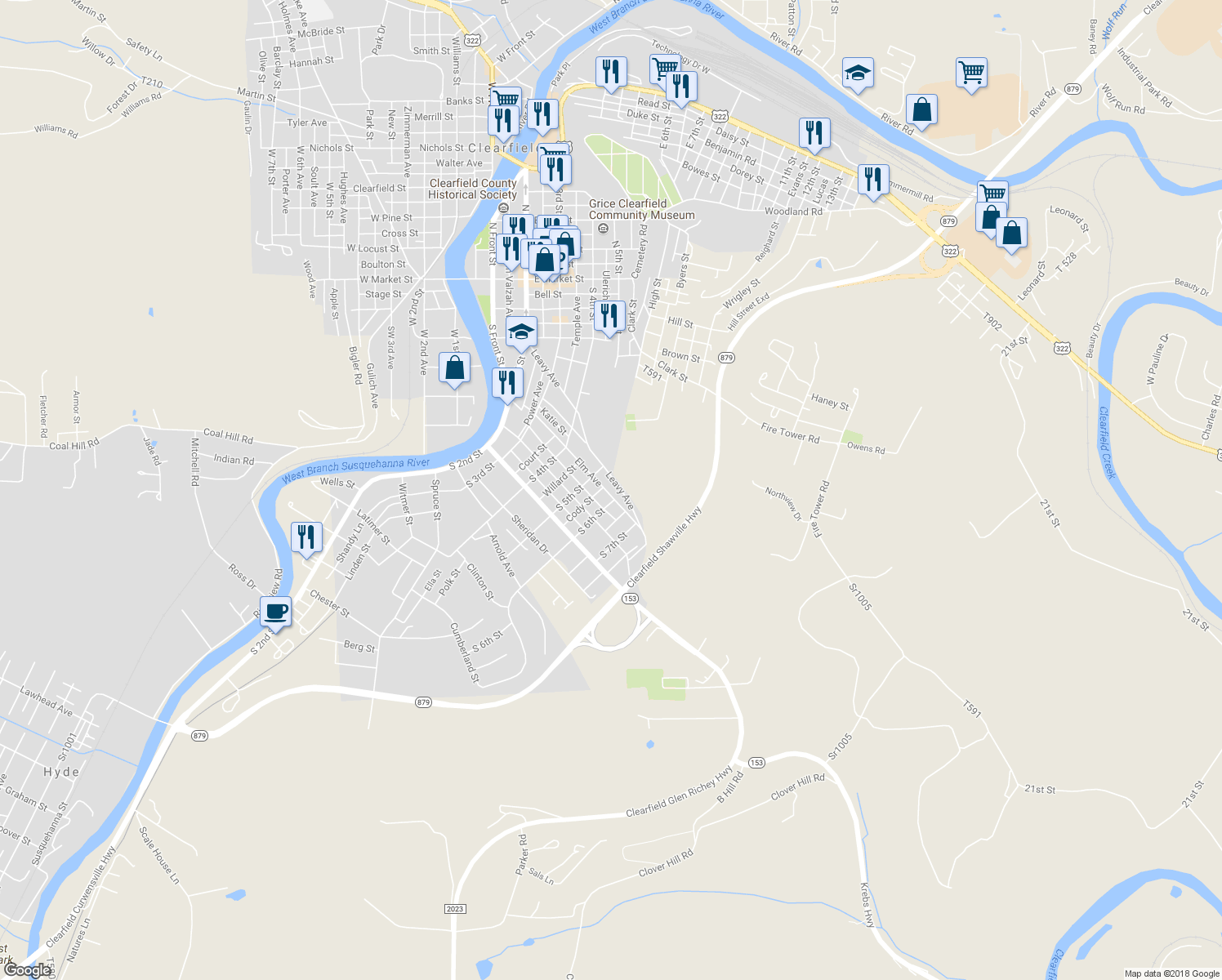 map of restaurants, bars, coffee shops, grocery stores, and more near 520 Elm Avenue in Clearfield