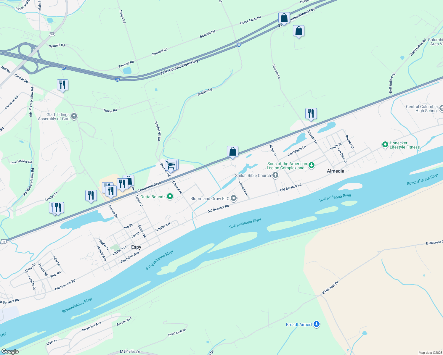 map of restaurants, bars, coffee shops, grocery stores, and more near 26 Willow Ln in Bloomsburg
