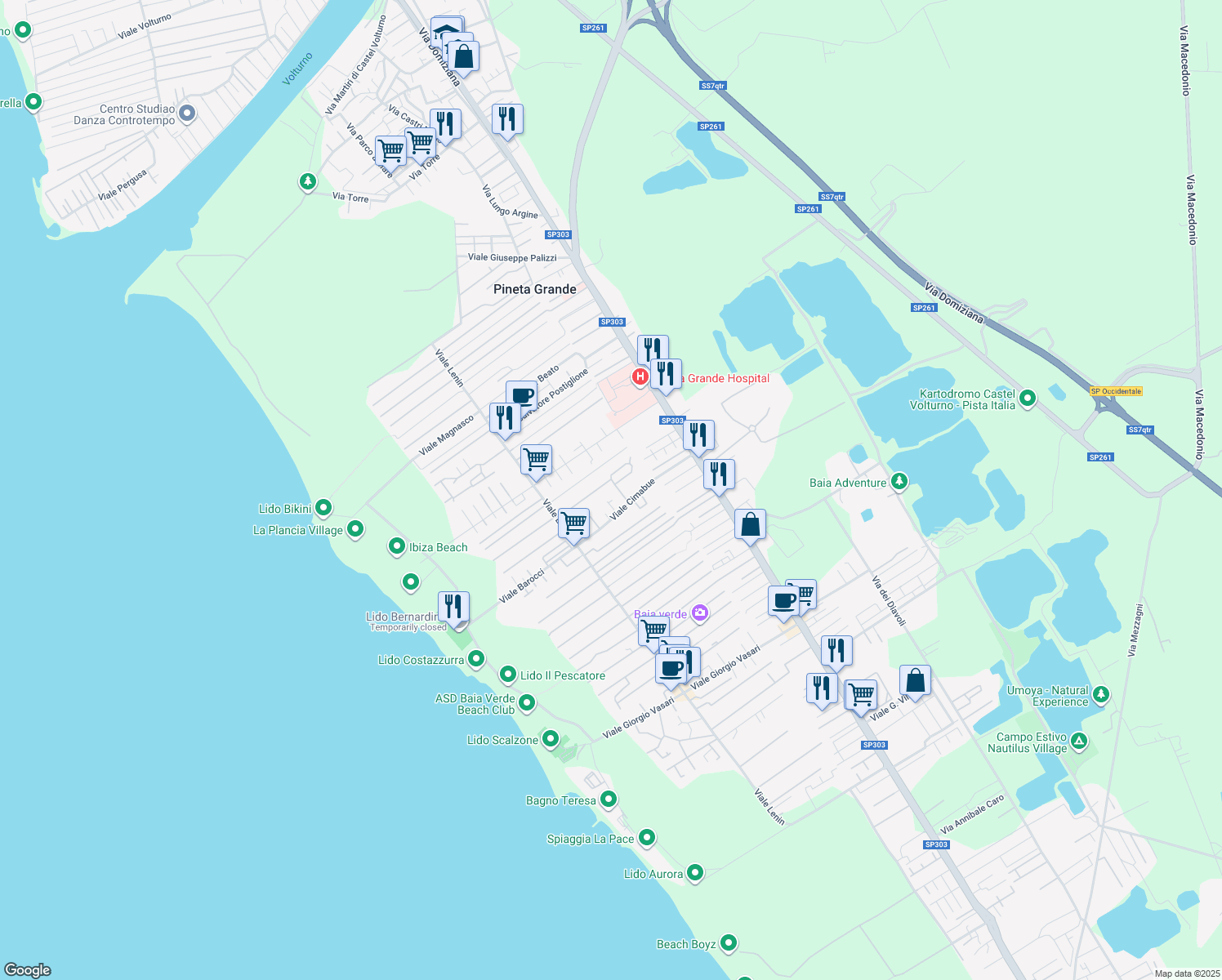map of restaurants, bars, coffee shops, grocery stores, and more near 43 Viale del Bramante in Castel Volturno