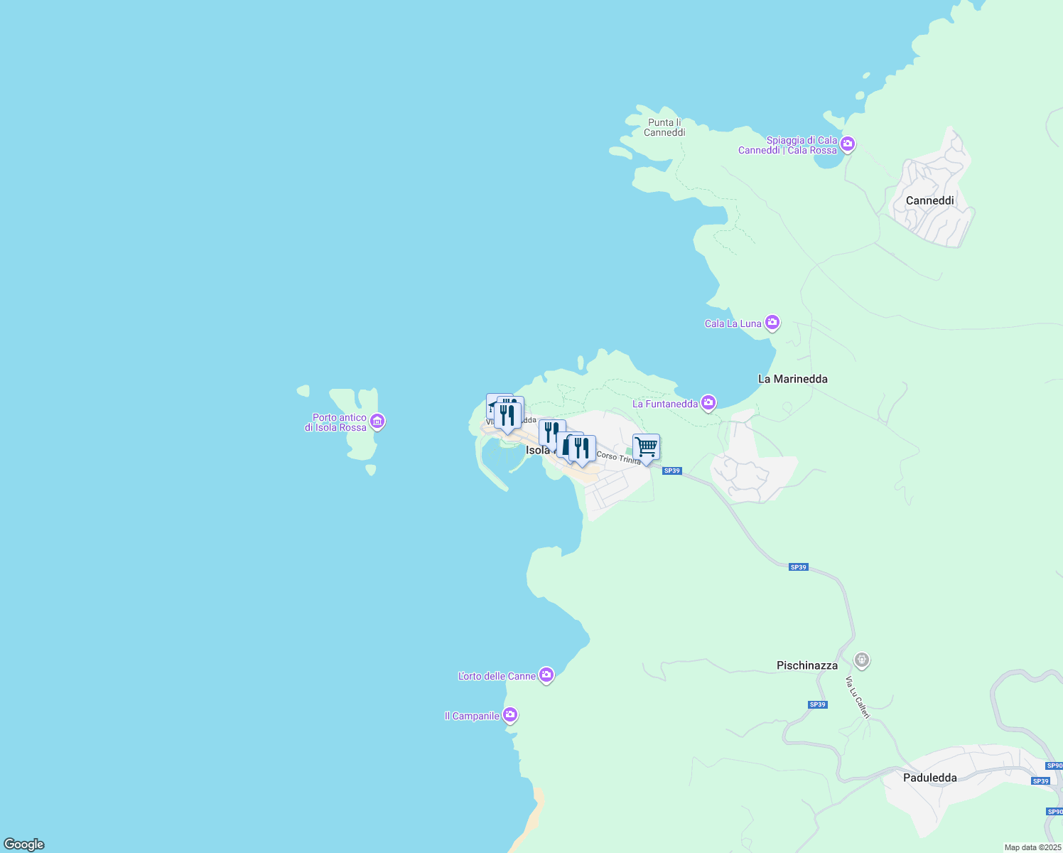 map of restaurants, bars, coffee shops, grocery stores, and more near 68 SP39 in Isola Rossa