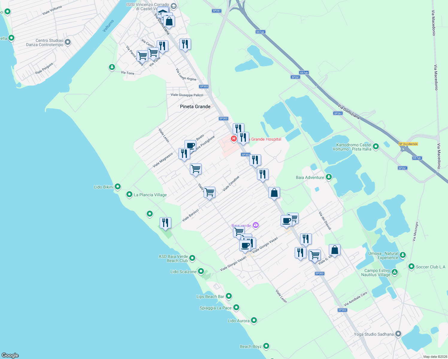 map of restaurants, bars, coffee shops, grocery stores, and more near 43 Viale del Bramante in Castel Volturno