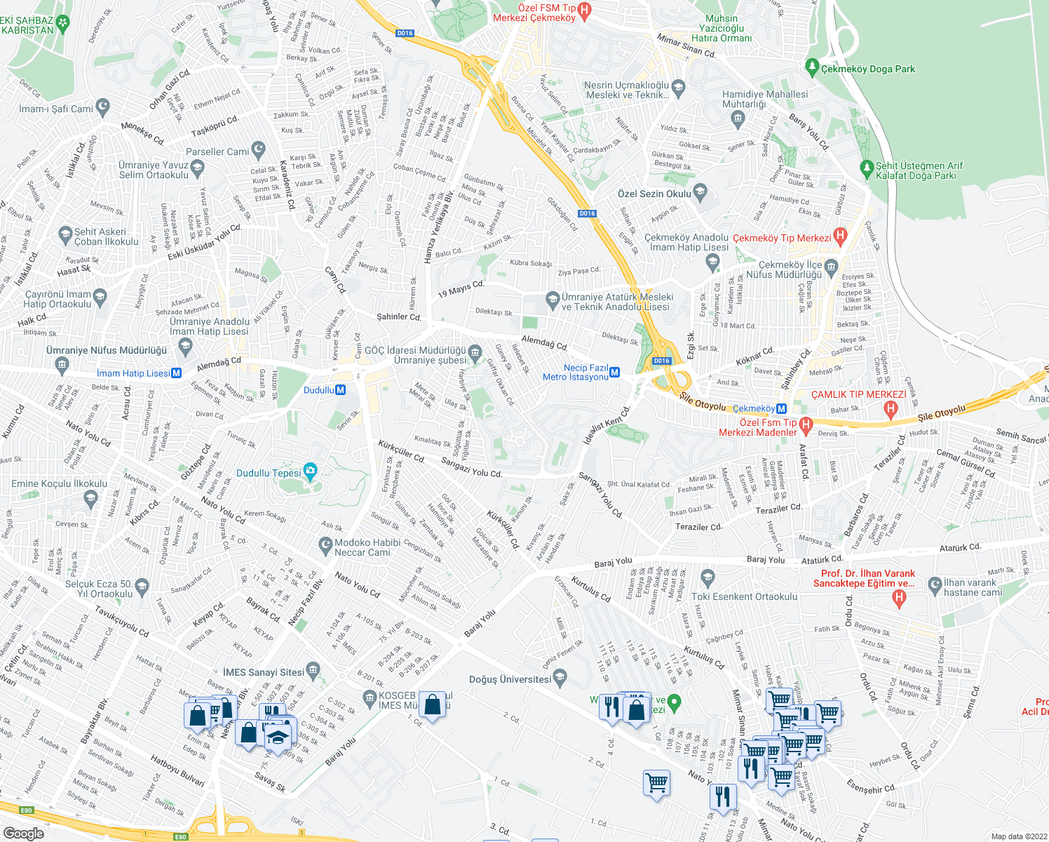 map of restaurants, bars, coffee shops, grocery stores, and more near 60 Günay Sokak in Ümraniye