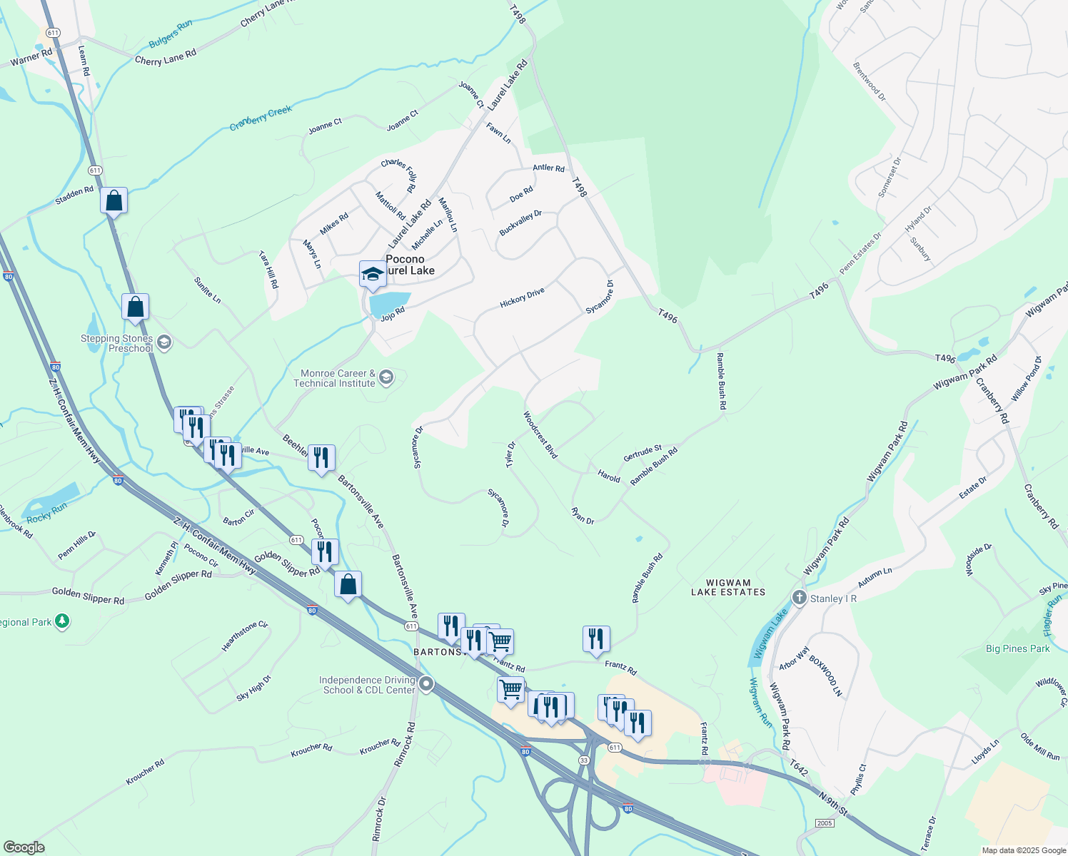 map of restaurants, bars, coffee shops, grocery stores, and more near Woodcrest Boulevard in Stroudsburg
