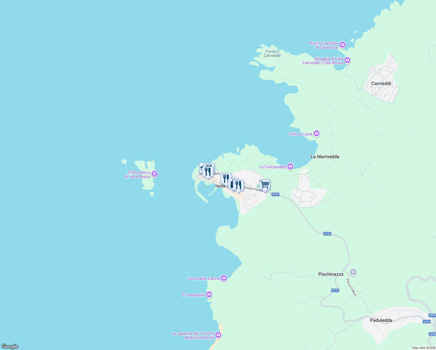 map of restaurants, bars, coffee shops, grocery stores, and more near 68 SP39 in Isola Rossa