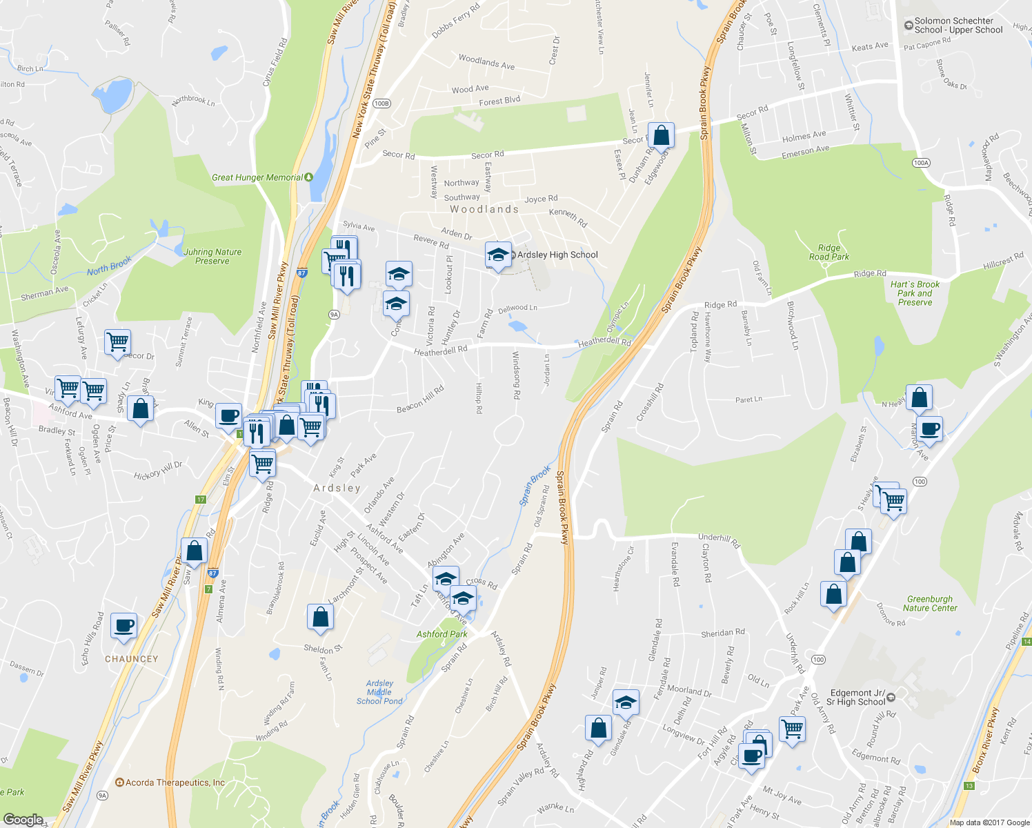 map of restaurants, bars, coffee shops, grocery stores, and more near 9 Windsong Road in Ardsley