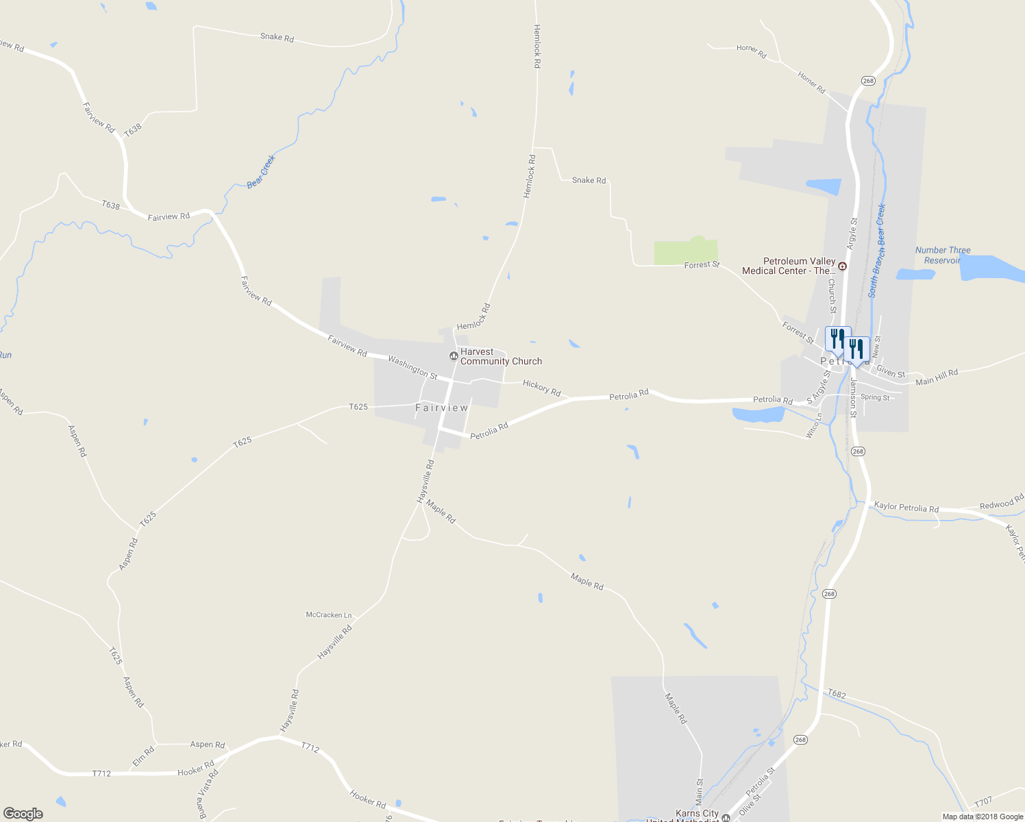 map of restaurants, bars, coffee shops, grocery stores, and more near 233 Petrolia Road in Petrolia