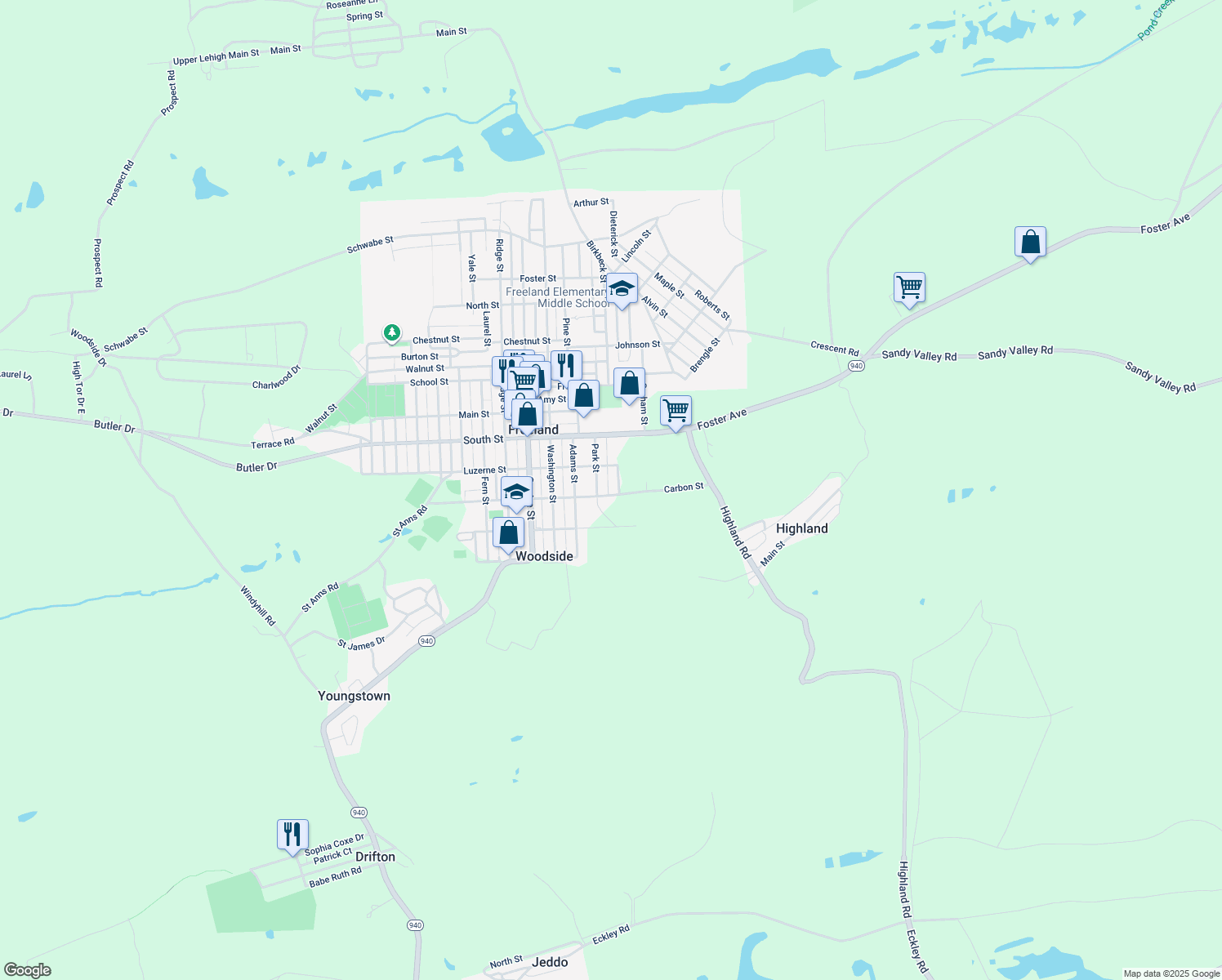 map of restaurants, bars, coffee shops, grocery stores, and more near 421 Carbon Street in Freeland