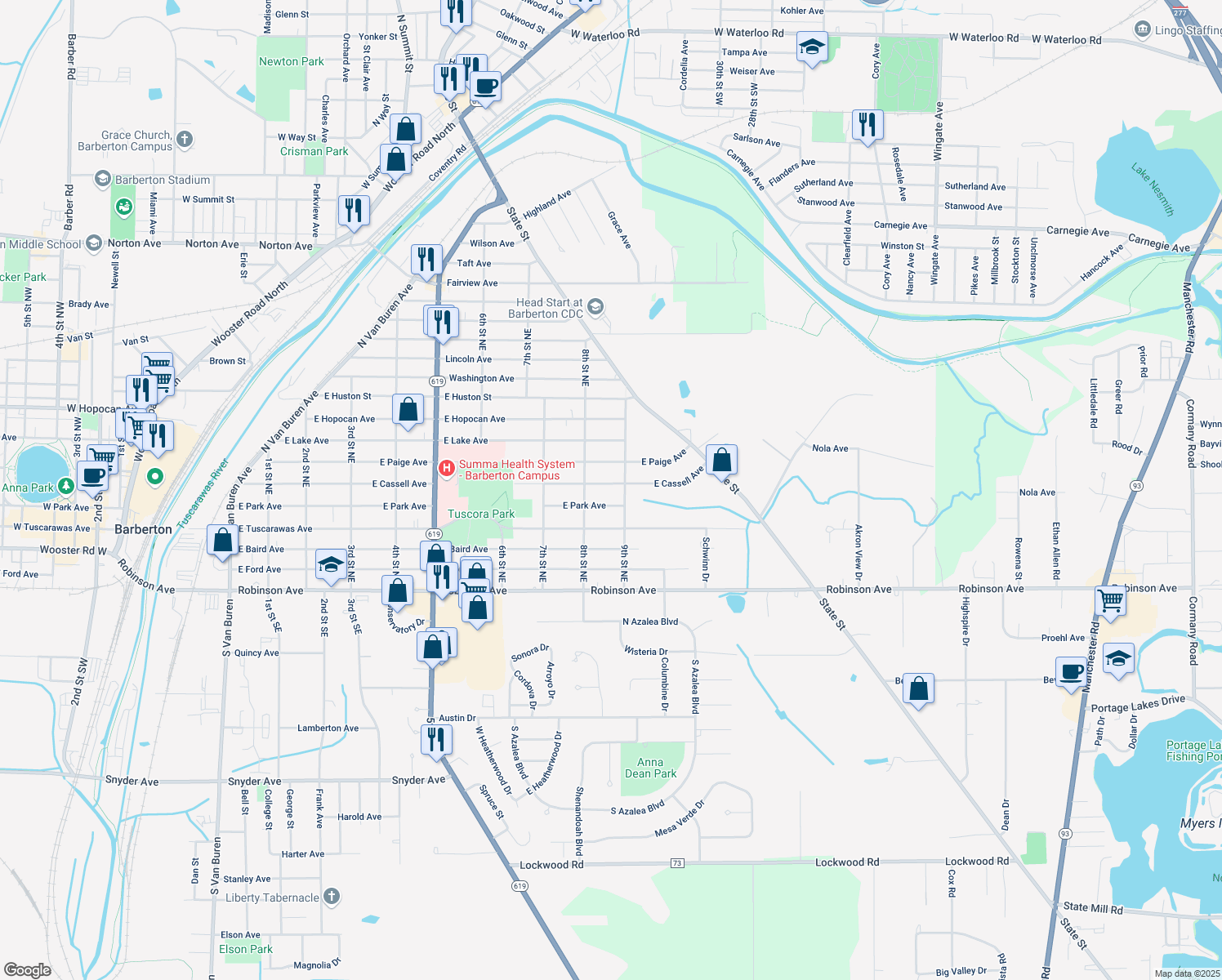 map of restaurants, bars, coffee shops, grocery stores, and more near 696 East Cassell Avenue in Barberton