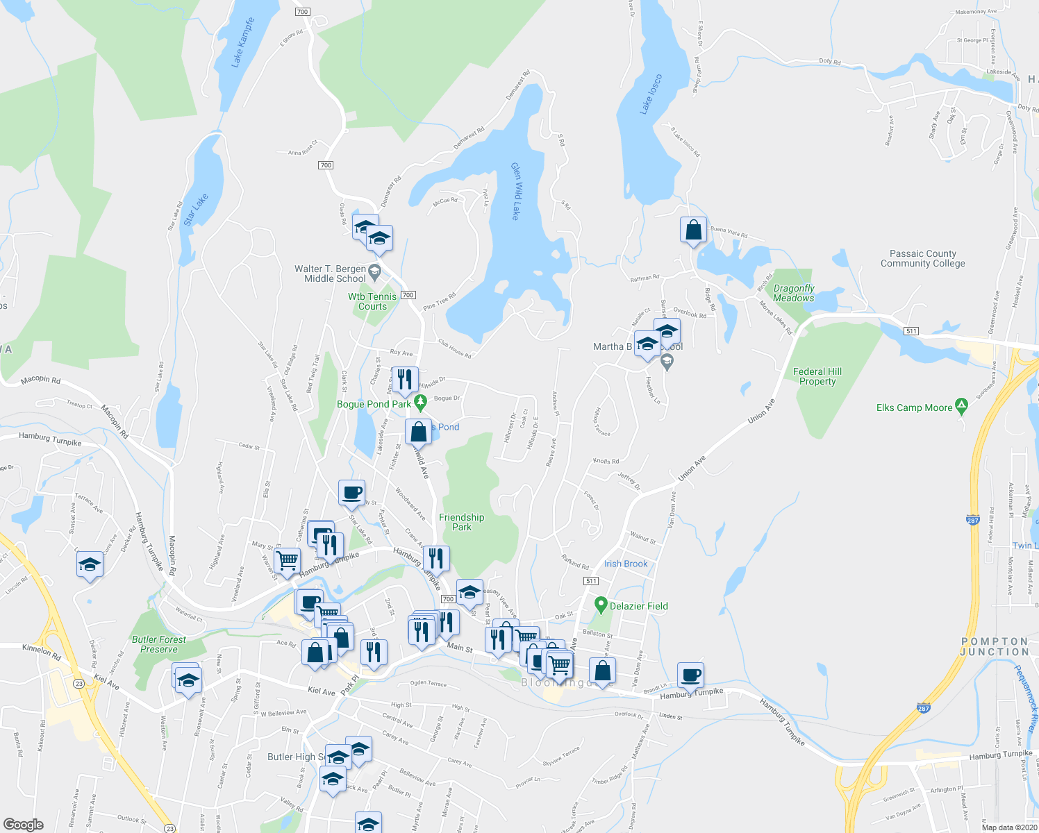 map of restaurants, bars, coffee shops, grocery stores, and more near 11 Hillcrest Dr in Bloomingdale