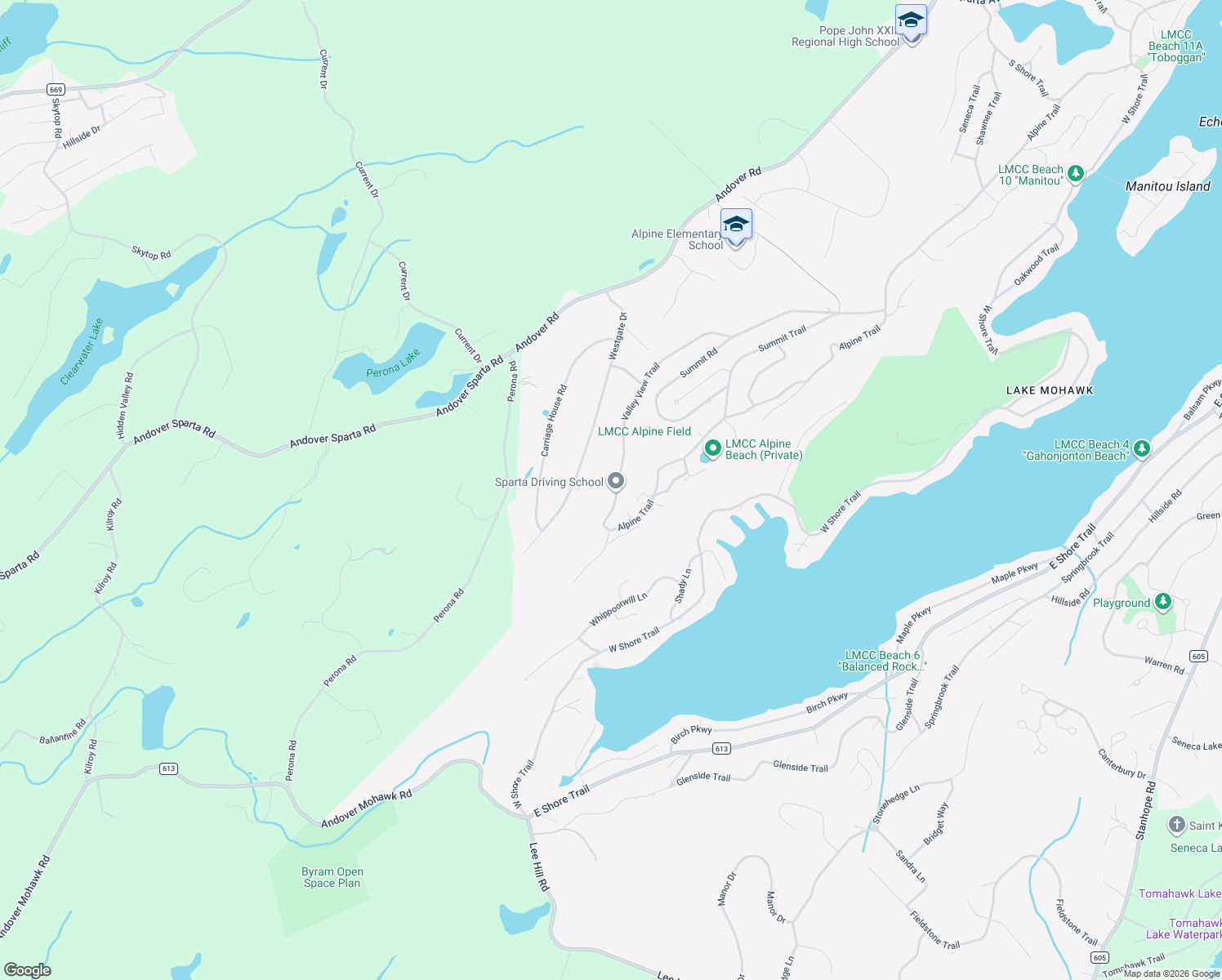 map of restaurants, bars, coffee shops, grocery stores, and more near 104 Valley View Trail in Sparta