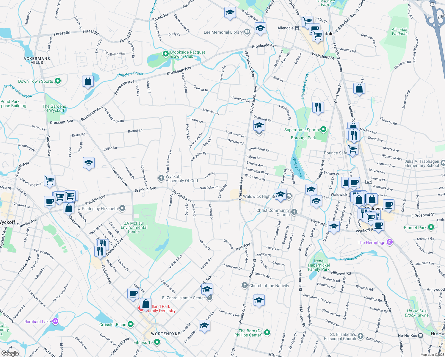 map of restaurants, bars, coffee shops, grocery stores, and more near 7 Warren Pl in Waldwick