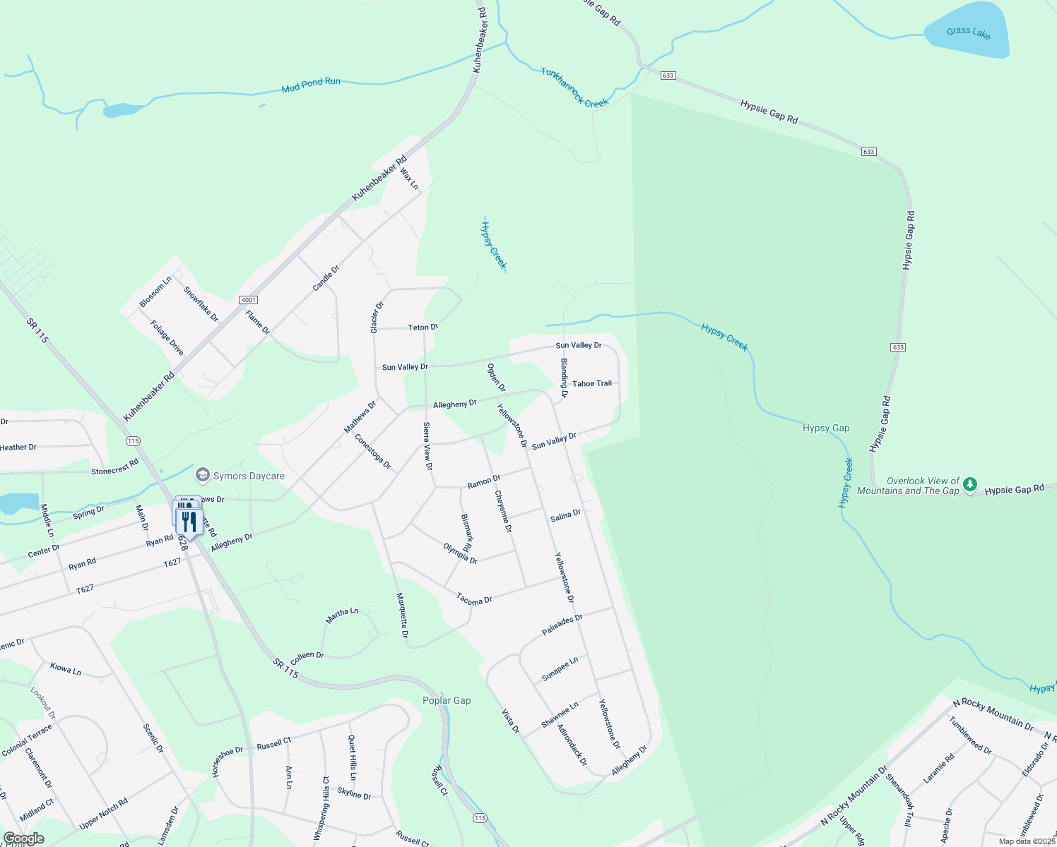 map of restaurants, bars, coffee shops, grocery stores, and more near 2106 Yellowstone Drive in Blakeslee