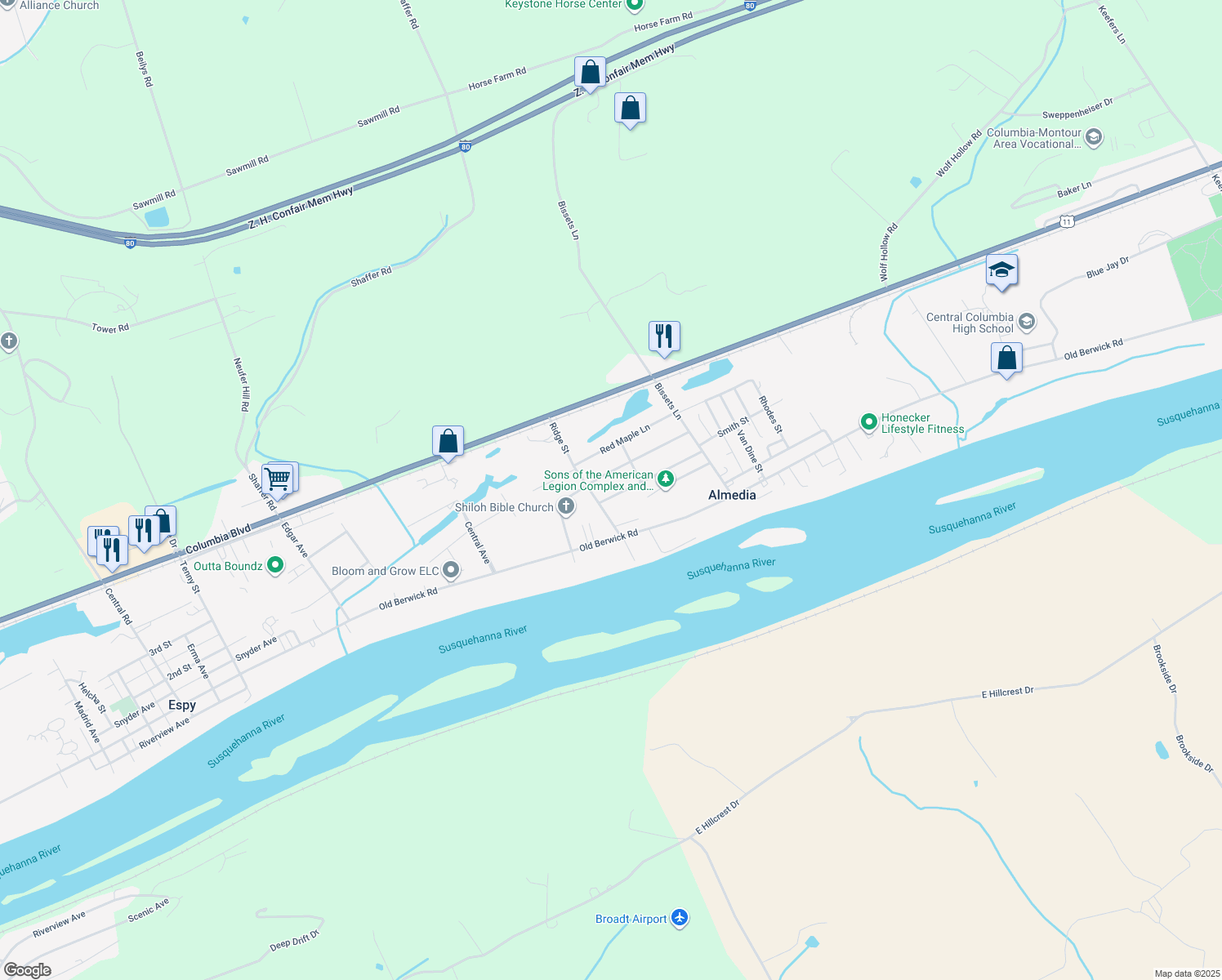 map of restaurants, bars, coffee shops, grocery stores, and more near 3513 1st St in Bloomsburg