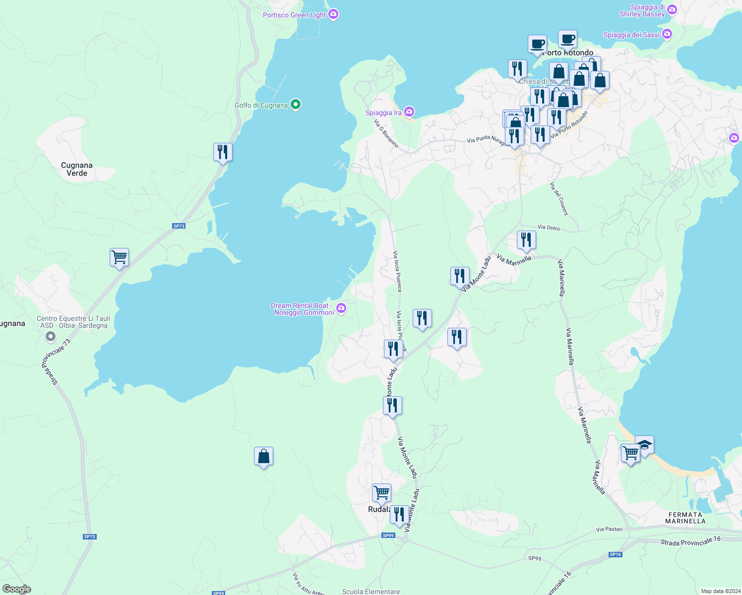 map of restaurants, bars, coffee shops, grocery stores, and more near 9 Via La Caletta in Porto Rotondo