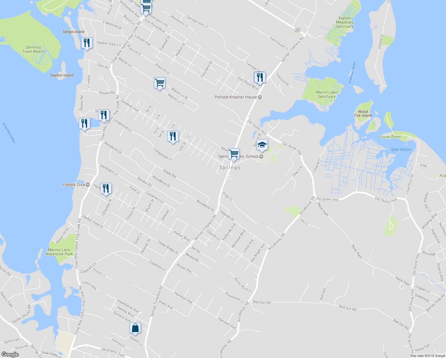 map of restaurants, bars, coffee shops, grocery stores, and more near 677 Springs Fireplace Road in East Hampton