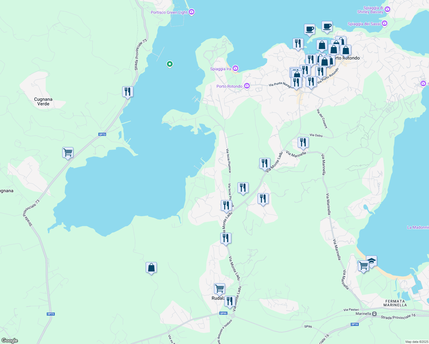 map of restaurants, bars, coffee shops, grocery stores, and more near 9 Via La Caletta in Porto Rotondo