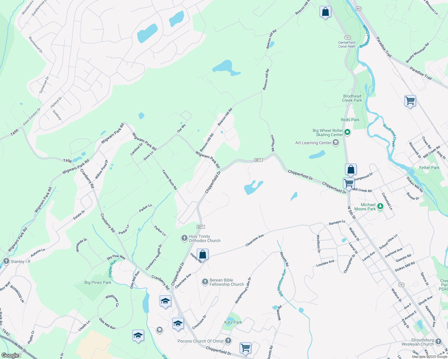 map of restaurants, bars, coffee shops, grocery stores, and more near 109 Tadeka Place in Stroudsburg
