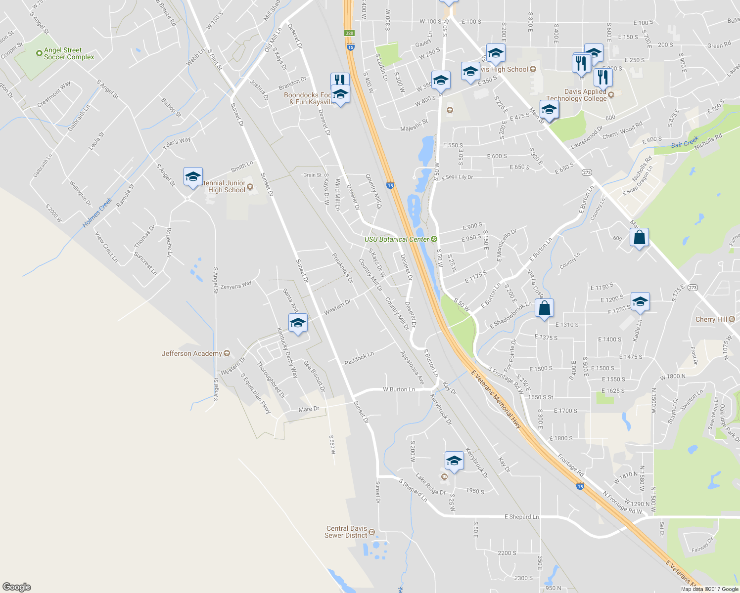 map of restaurants, bars, coffee shops, grocery stores, and more near 1303 Appaloosa Avenue in Kaysville