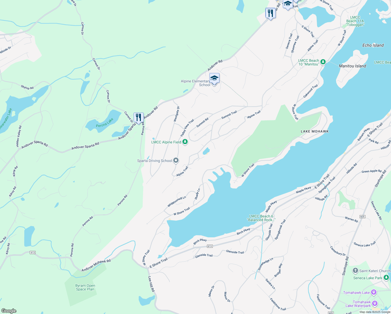 map of restaurants, bars, coffee shops, grocery stores, and more near 225 Alpine Trail in Sparta