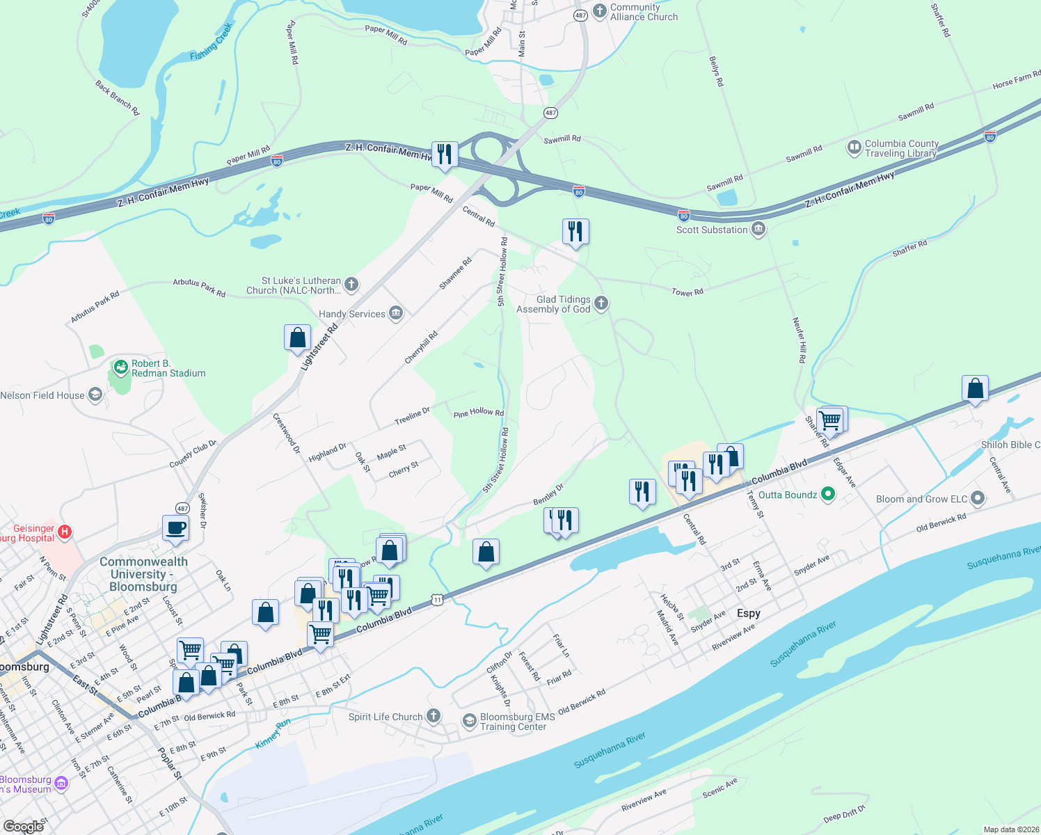 map of restaurants, bars, coffee shops, grocery stores, and more near 33 Crestmont Cir in Bloomsburg