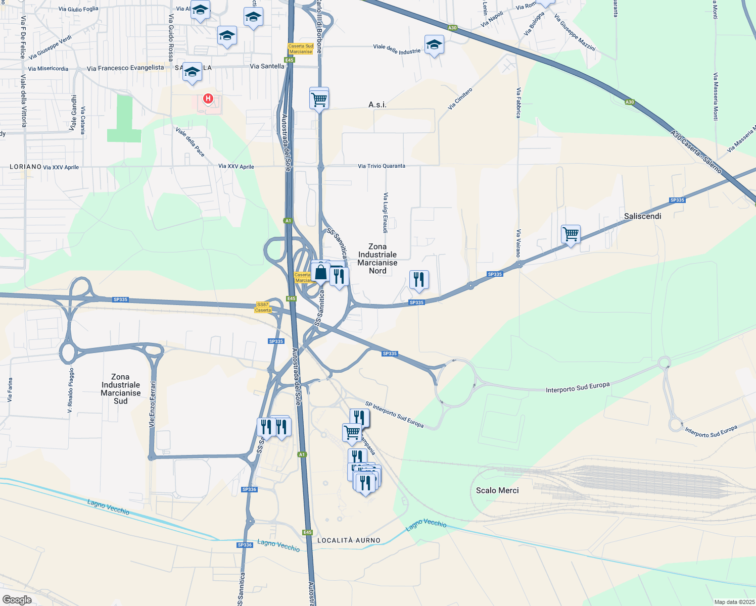 map of restaurants, bars, coffee shops, grocery stores, and more near 28 Strada Statale 265 in Zona Industriale Marcianise Nord