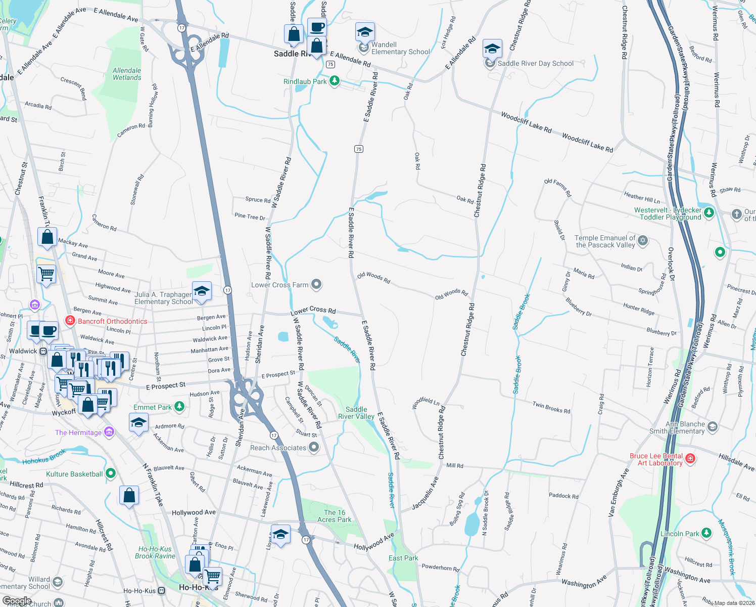 map of restaurants, bars, coffee shops, grocery stores, and more near 19 Powder Hill Road in Saddle River