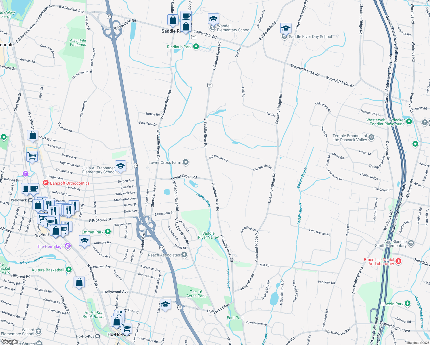 map of restaurants, bars, coffee shops, grocery stores, and more near 19 Powder Hill Road in Saddle River