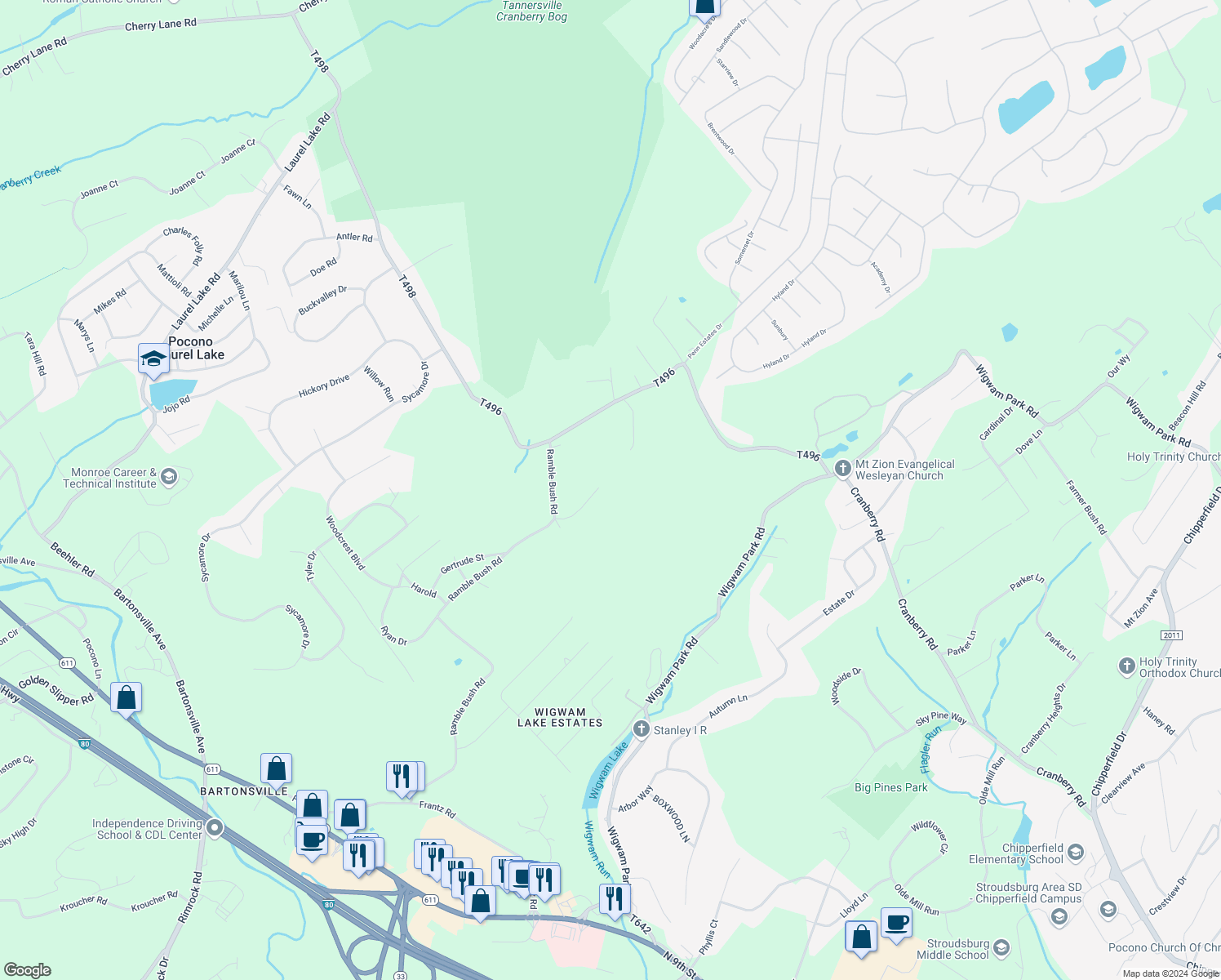 map of restaurants, bars, coffee shops, grocery stores, and more near 132 Bird Lane in Stroudsburg