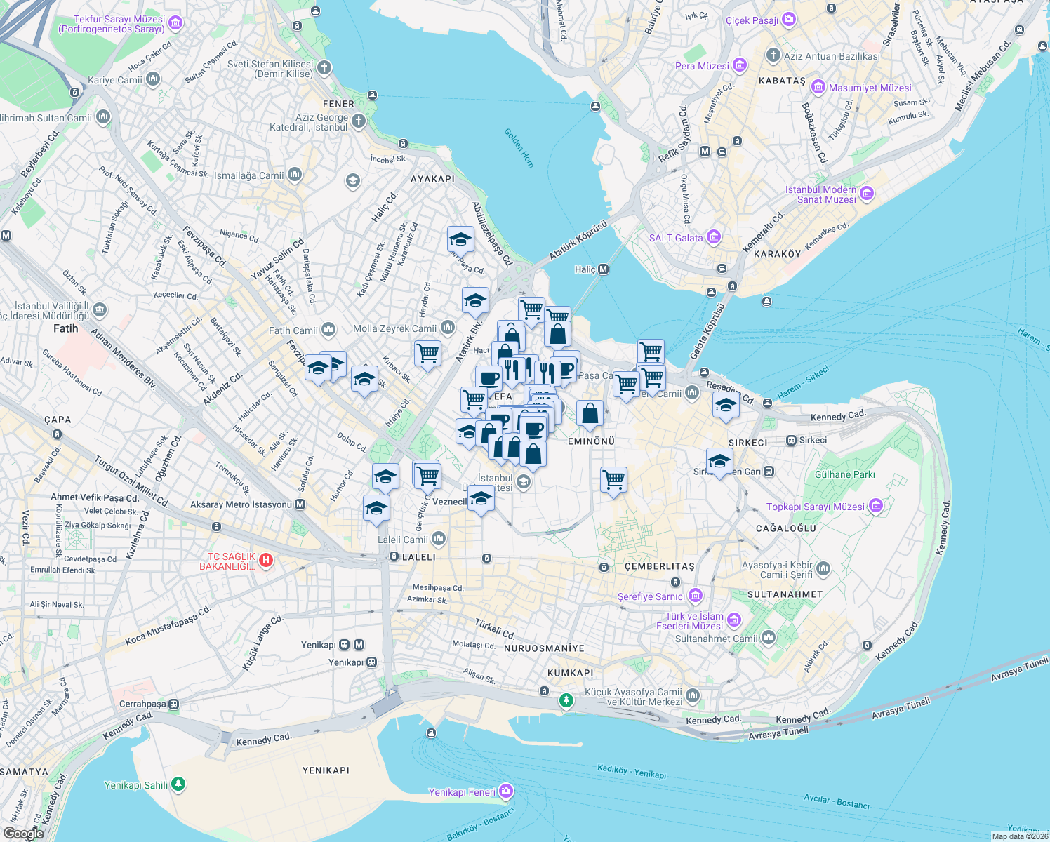 map of restaurants, bars, coffee shops, grocery stores, and more near 1 Kanuni Medresesi Sokak in Fatih
