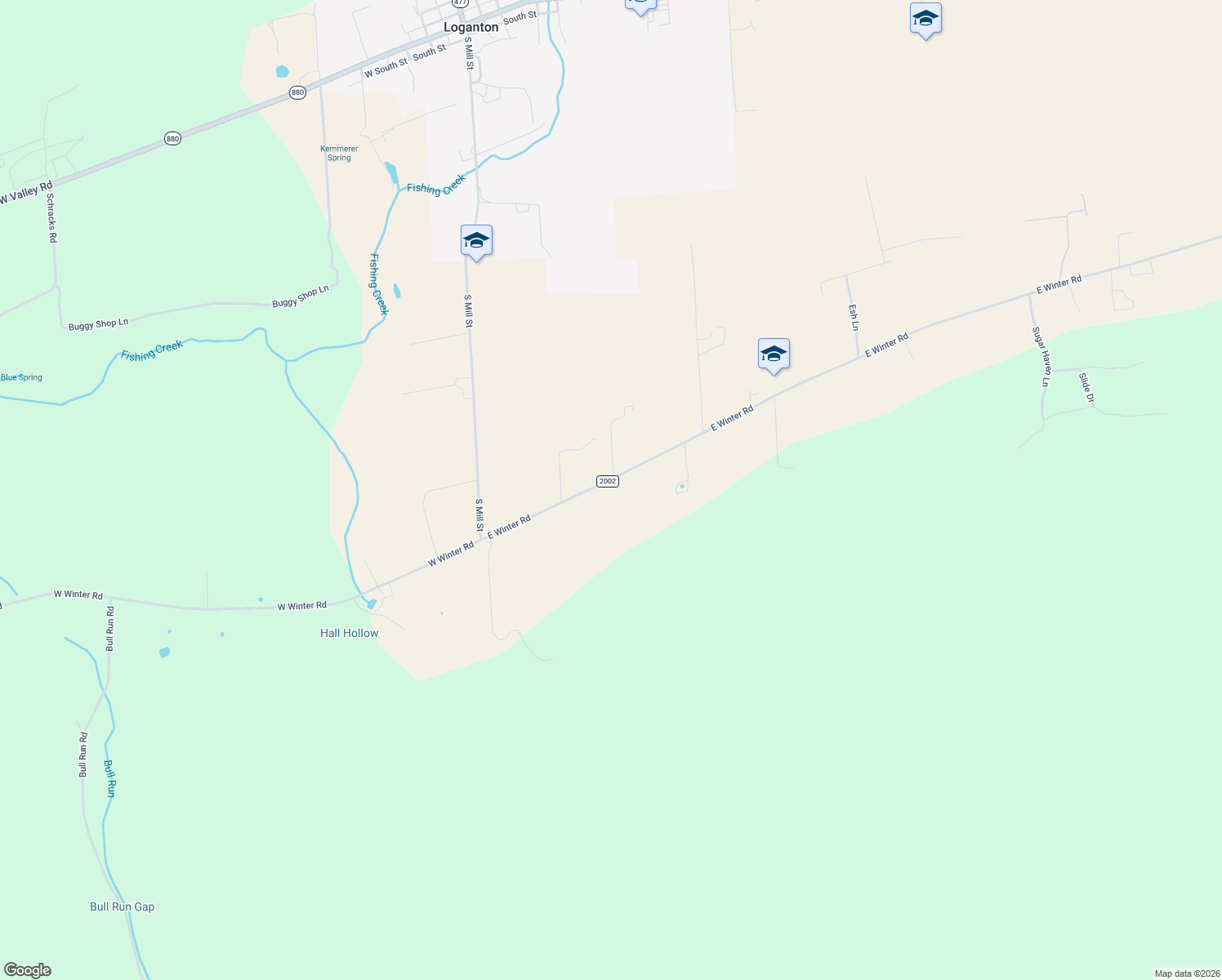 map of restaurants, bars, coffee shops, grocery stores, and more near 154 East Winter Road in Loganton