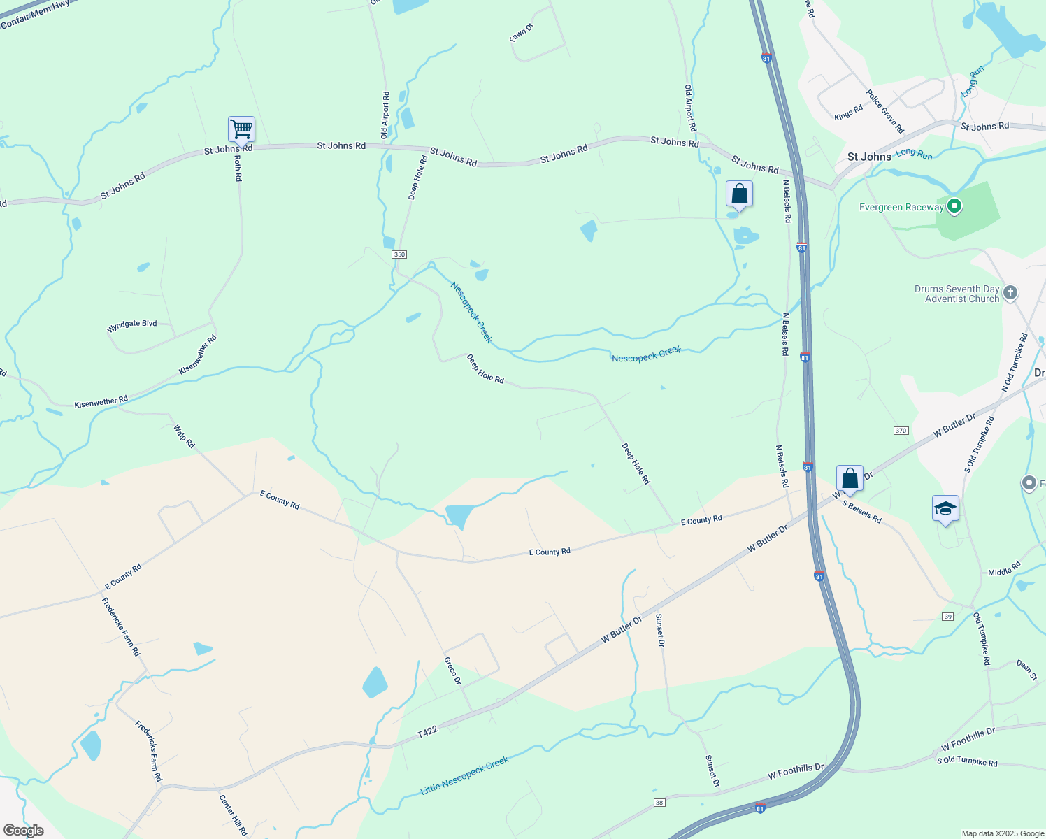 map of restaurants, bars, coffee shops, grocery stores, and more near Deep Hole Road in Luzerne County