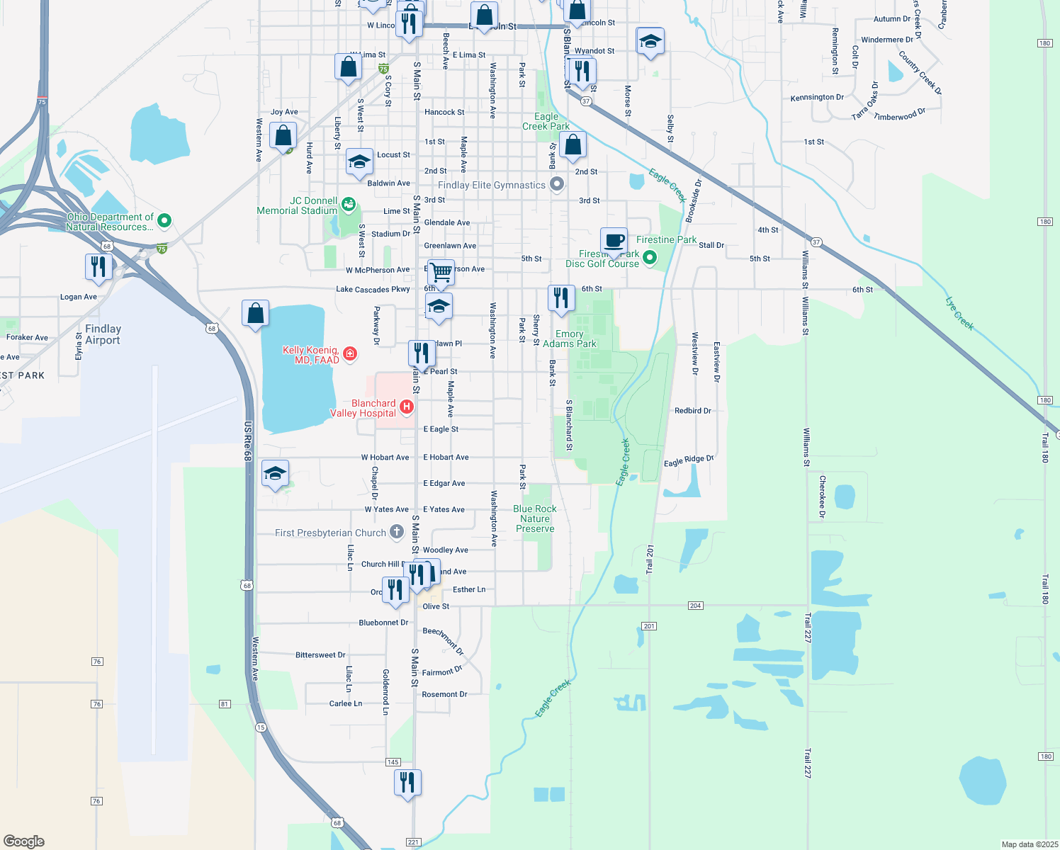 map of restaurants, bars, coffee shops, grocery stores, and more near 2001 Park St in Findlay