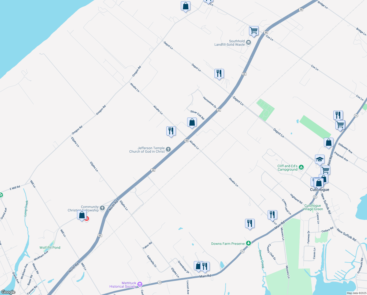 map of restaurants, bars, coffee shops, grocery stores, and more near 16300 County Road 48 in Cutchogue