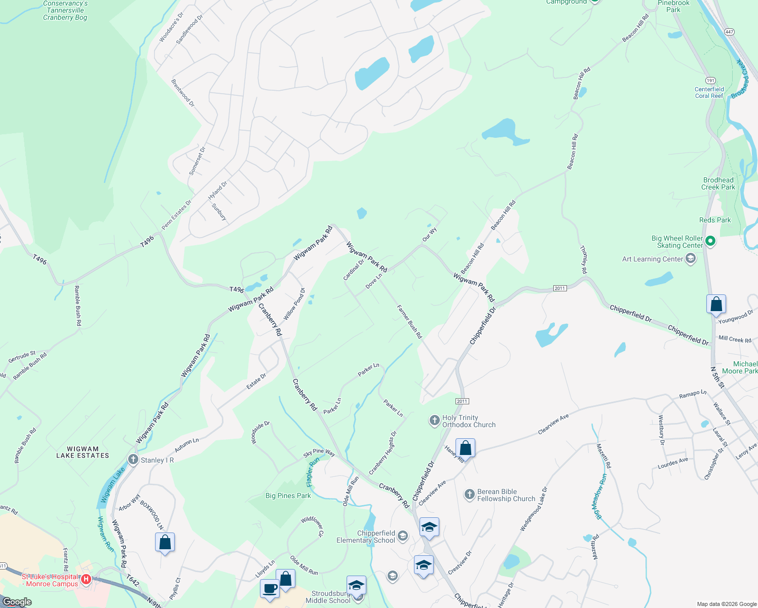 map of restaurants, bars, coffee shops, grocery stores, and more near 99 Blue Bird Ln in Stroudsburg