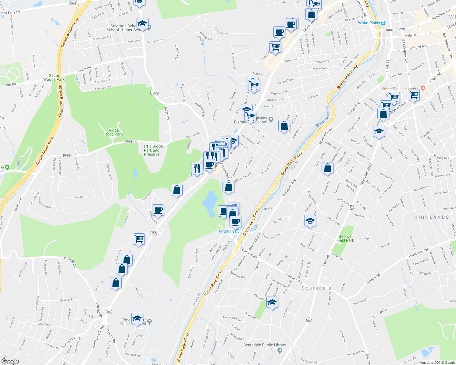 map of restaurants, bars, coffee shops, grocery stores, and more near 80 East Hartsdale Avenue in Hartsdale