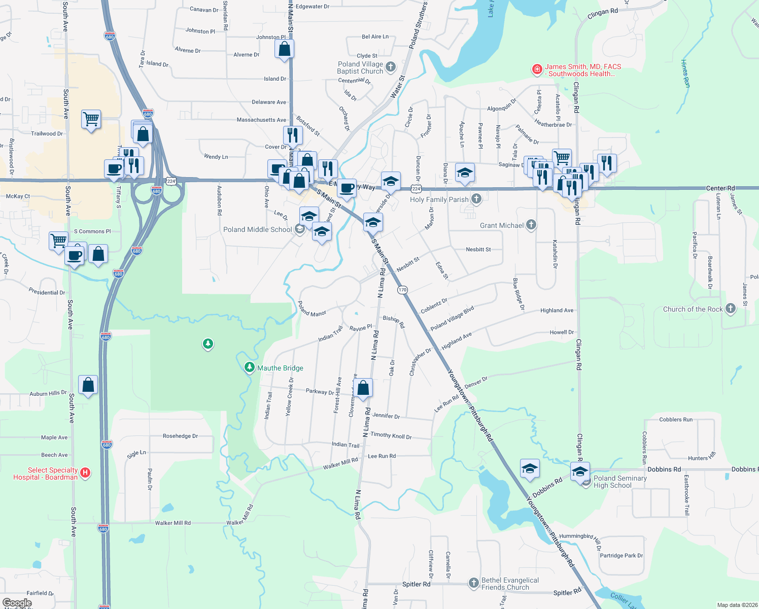 map of restaurants, bars, coffee shops, grocery stores, and more near 118 N Lima Rd in Poland
