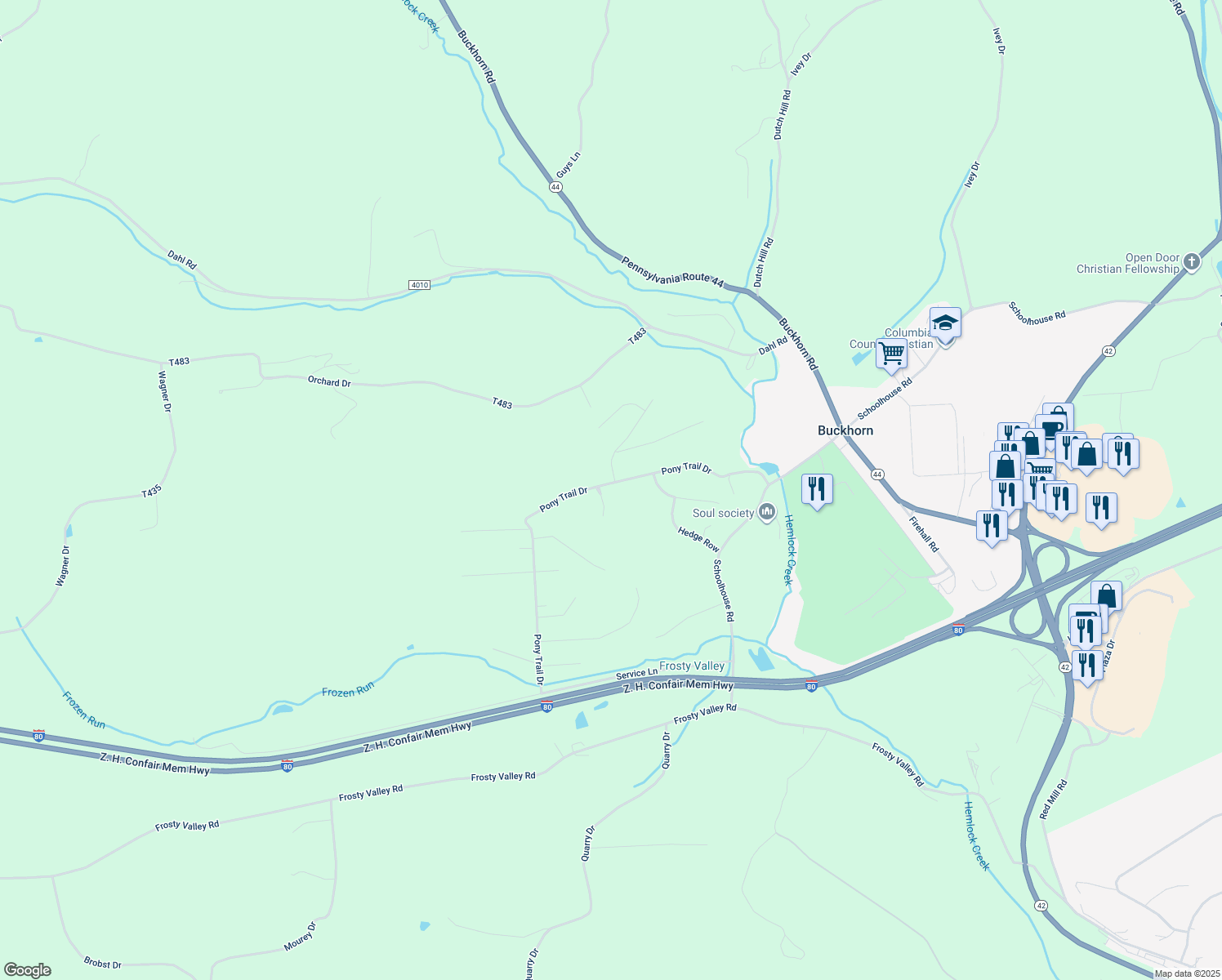 map of restaurants, bars, coffee shops, grocery stores, and more near 65 Pony Trail Drive in Bloomsburg