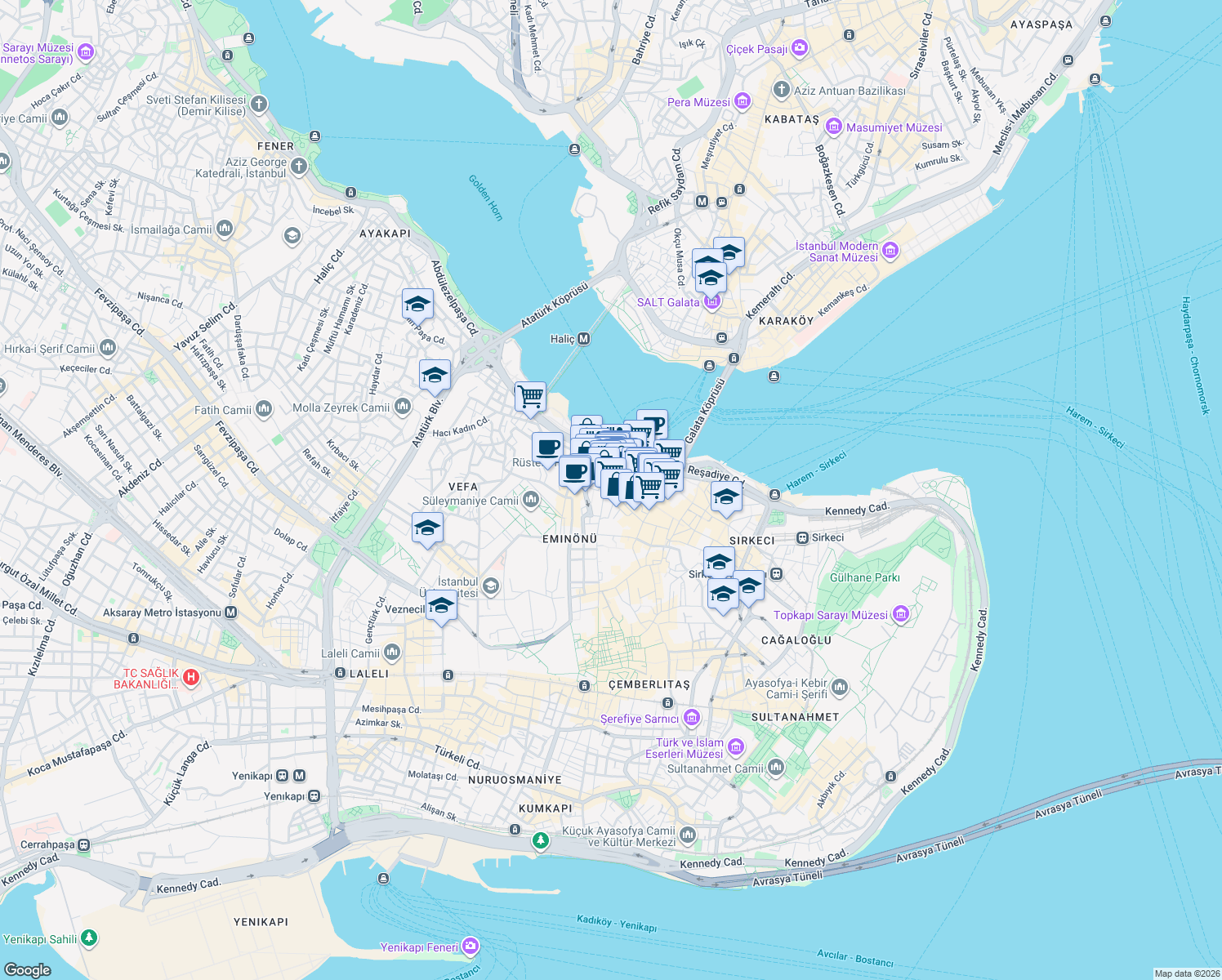 map of restaurants, bars, coffee shops, grocery stores, and more near 7 Atmeydanı Caddesi in Fatih