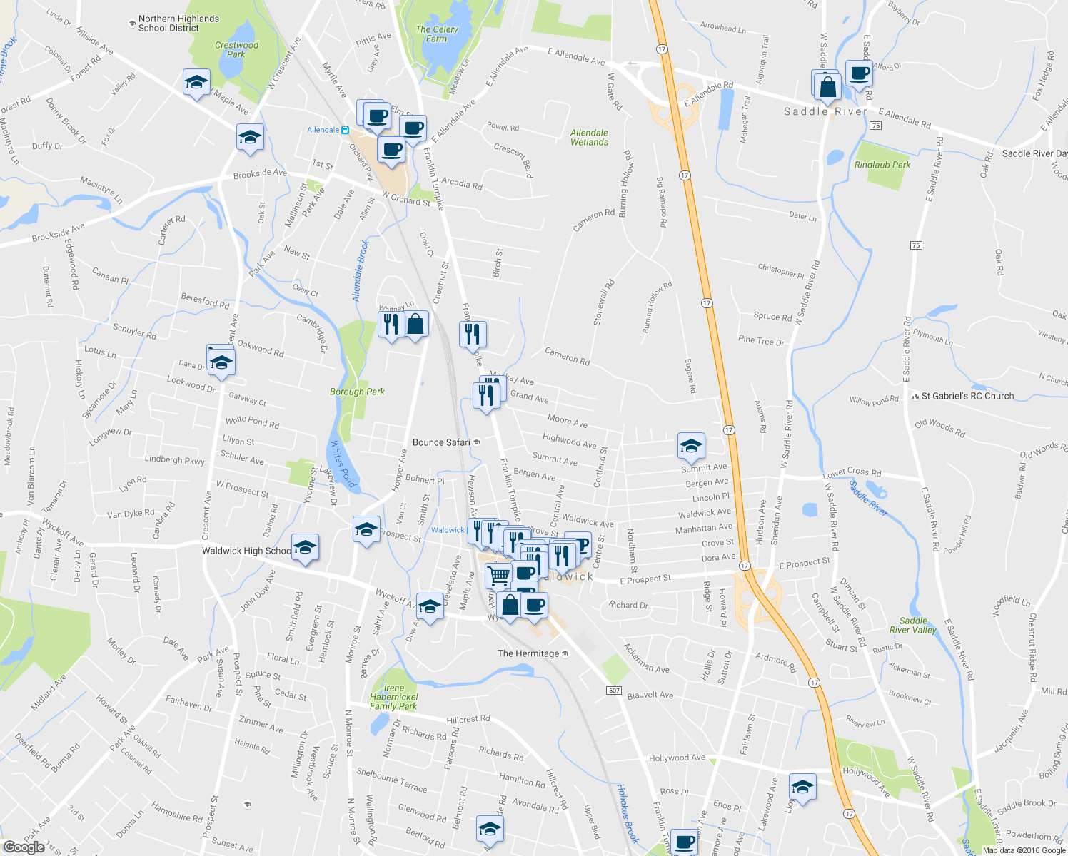 map of restaurants, bars, coffee shops, grocery stores, and more near 9 Highwood Ave in Waldwick
