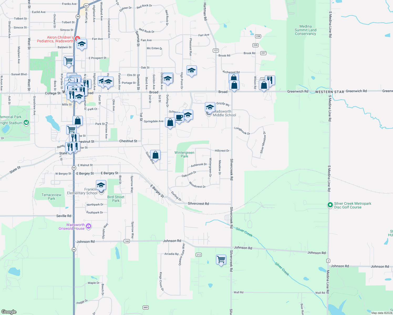 map of restaurants, bars, coffee shops, grocery stores, and more near 419 Treeview Drive in Wadsworth