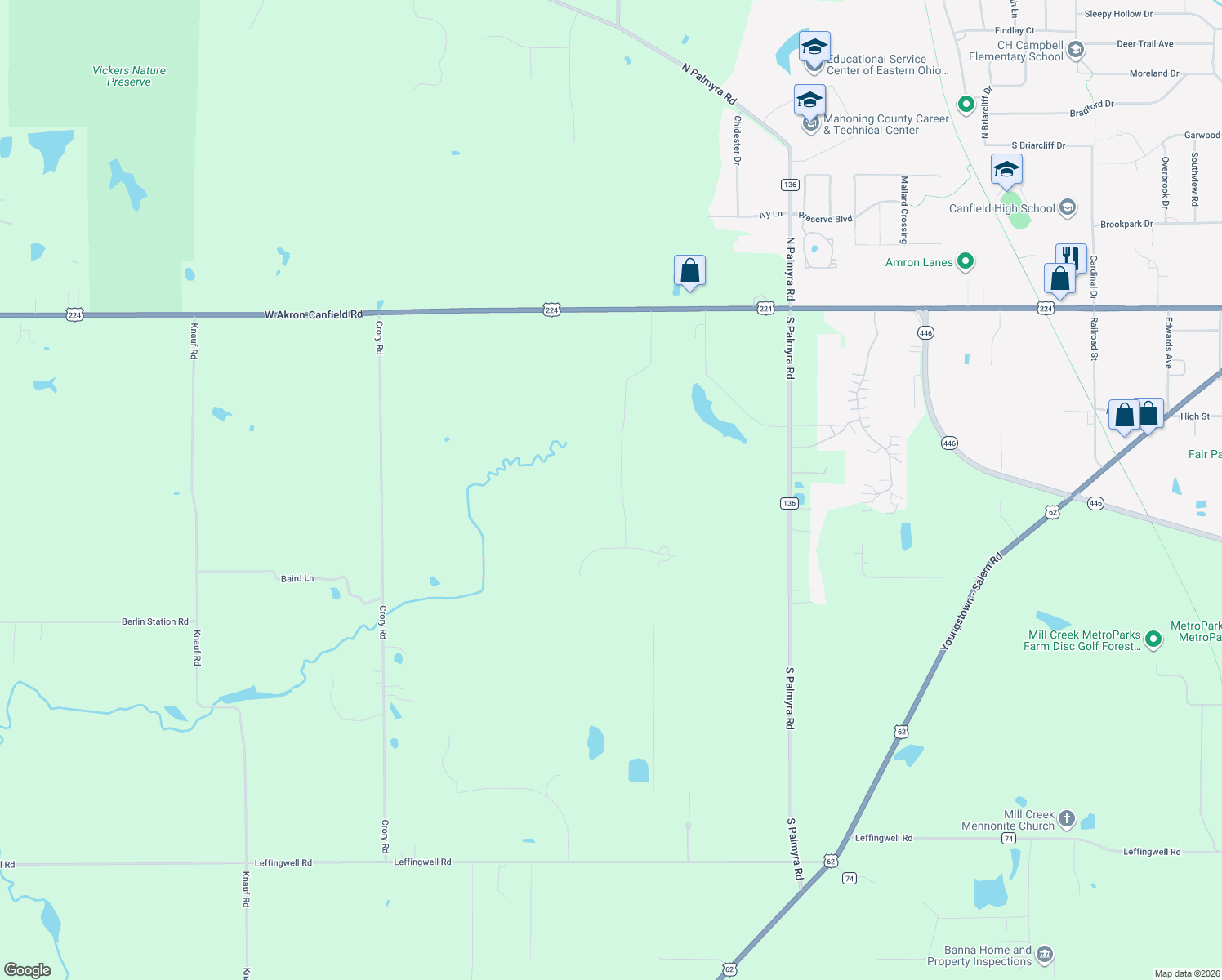 map of restaurants, bars, coffee shops, grocery stores, and more near 6760 Pheasant Run Dr in Canfield