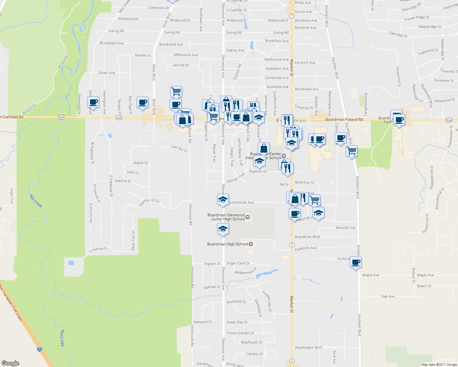 map of restaurants, bars, coffee shops, grocery stores, and more near 7497 Salinas Trail in Youngstown