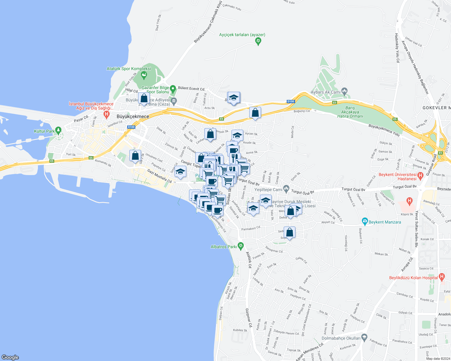 map of restaurants, bars, coffee shops, grocery stores, and more near Turgut Özal Bulvarı in Büyükçekmece