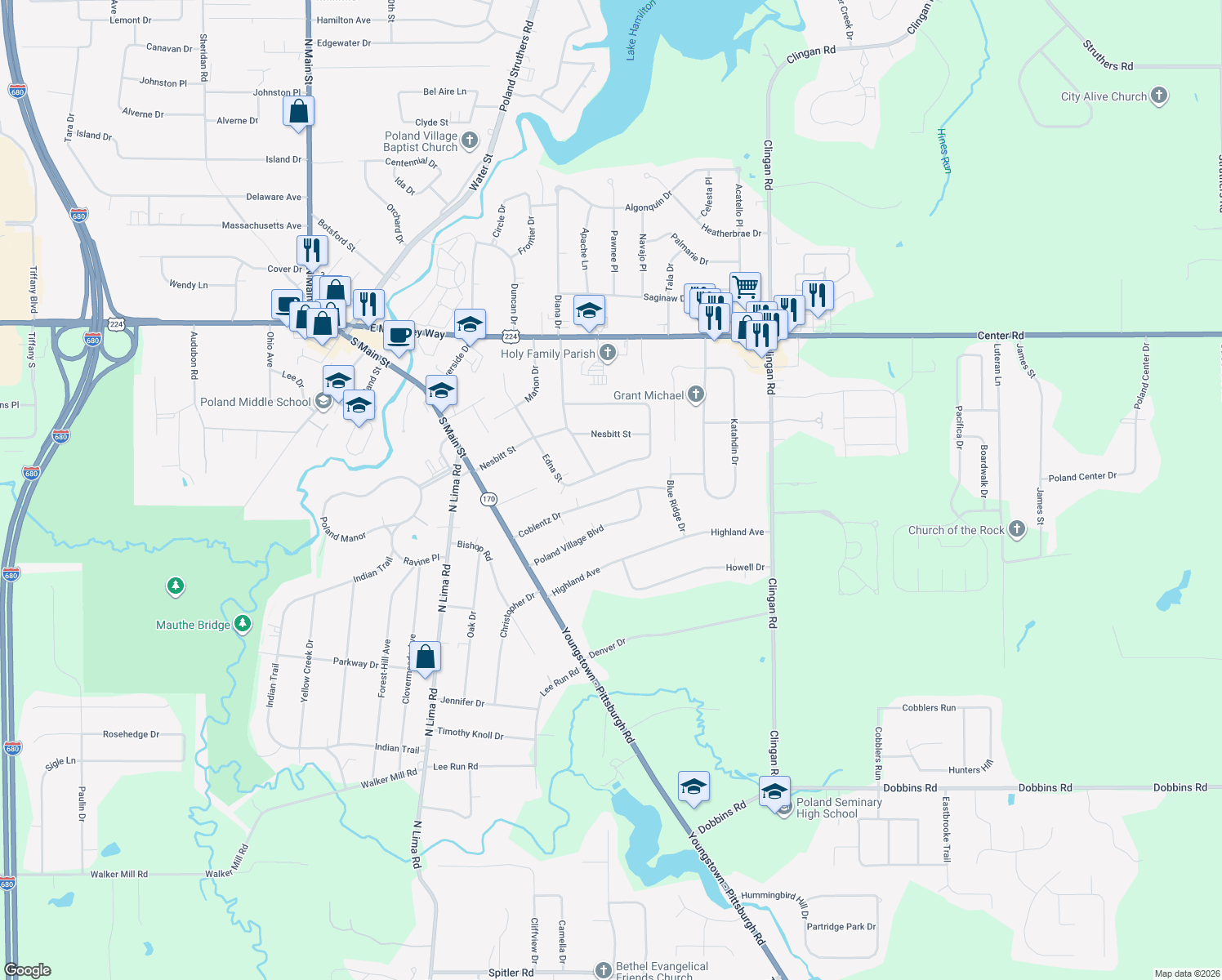 map of restaurants, bars, coffee shops, grocery stores, and more near 2770 Coblentz Drive in Youngstown