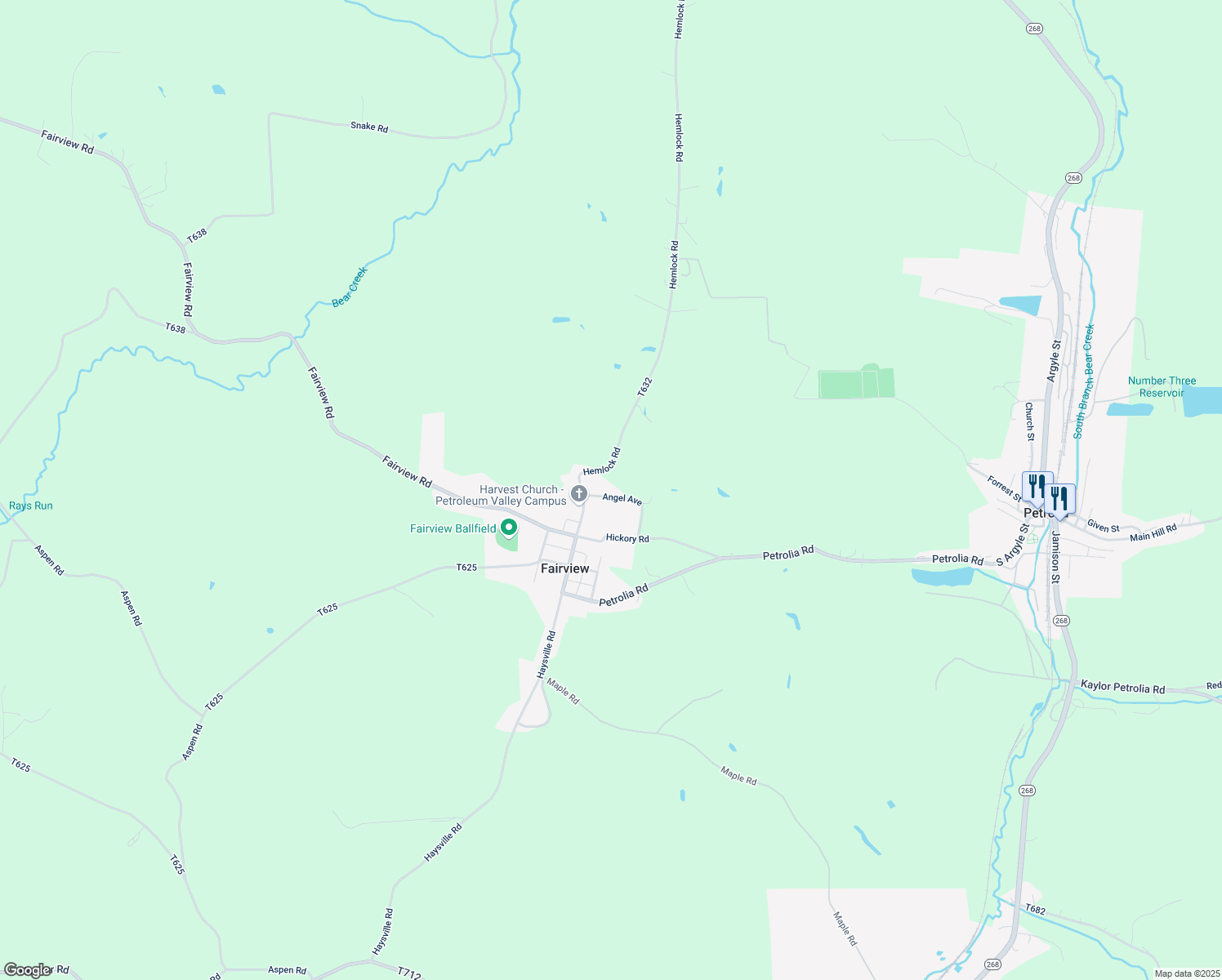 map of restaurants, bars, coffee shops, grocery stores, and more near 127 Angel Avenue in Petrolia
