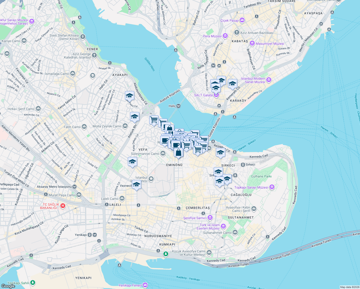 map of restaurants, bars, coffee shops, grocery stores, and more near 7-11 Profesör Cemil Birsel Caddesi in Istanbul
