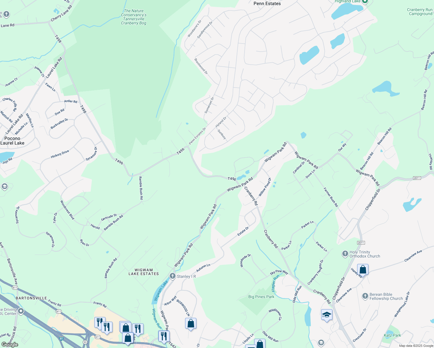 map of restaurants, bars, coffee shops, grocery stores, and more near 412 Cranberry Road in East Stroudsburg