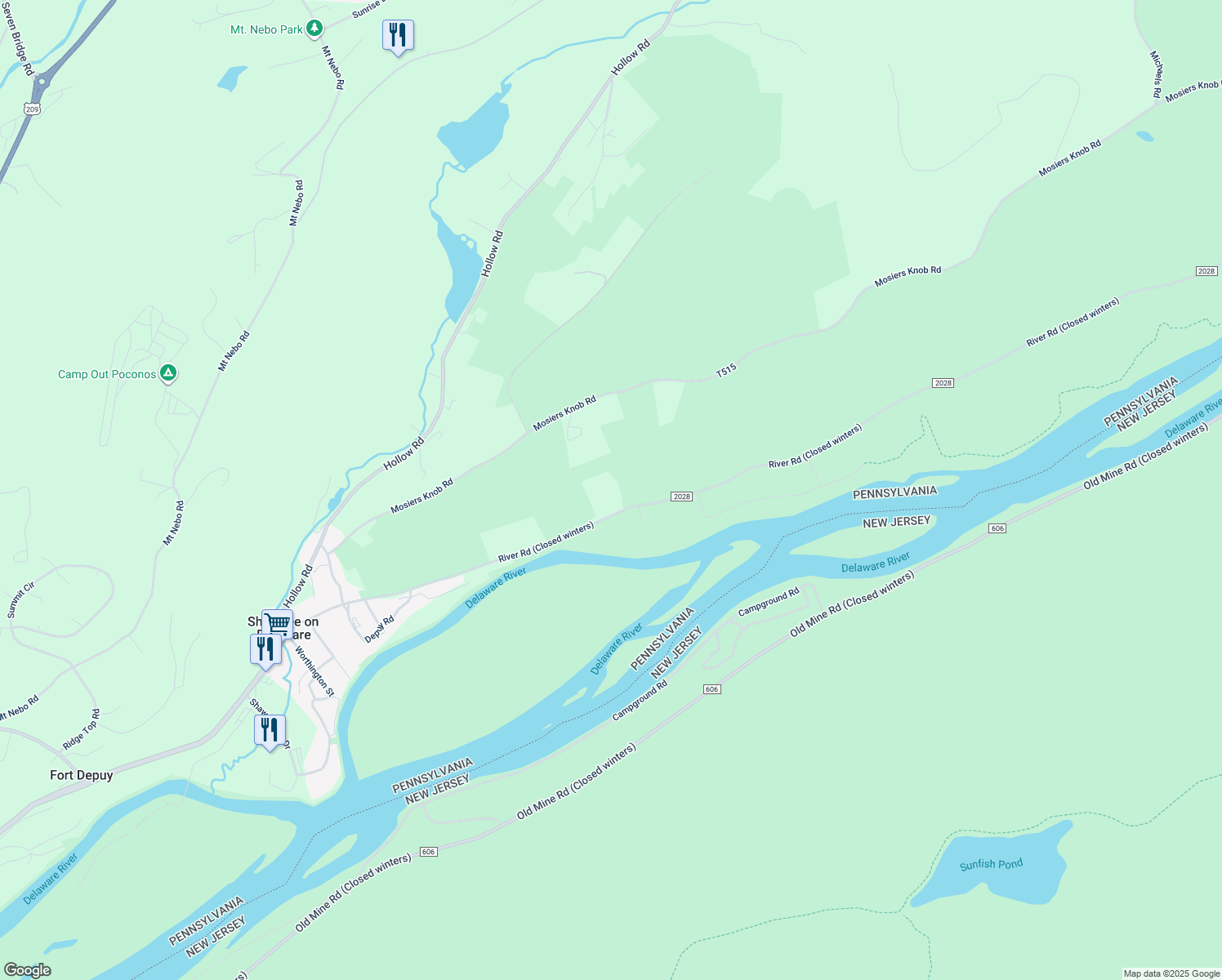 map of restaurants, bars, coffee shops, grocery stores, and more near 757 River Road in East Stroudsburg