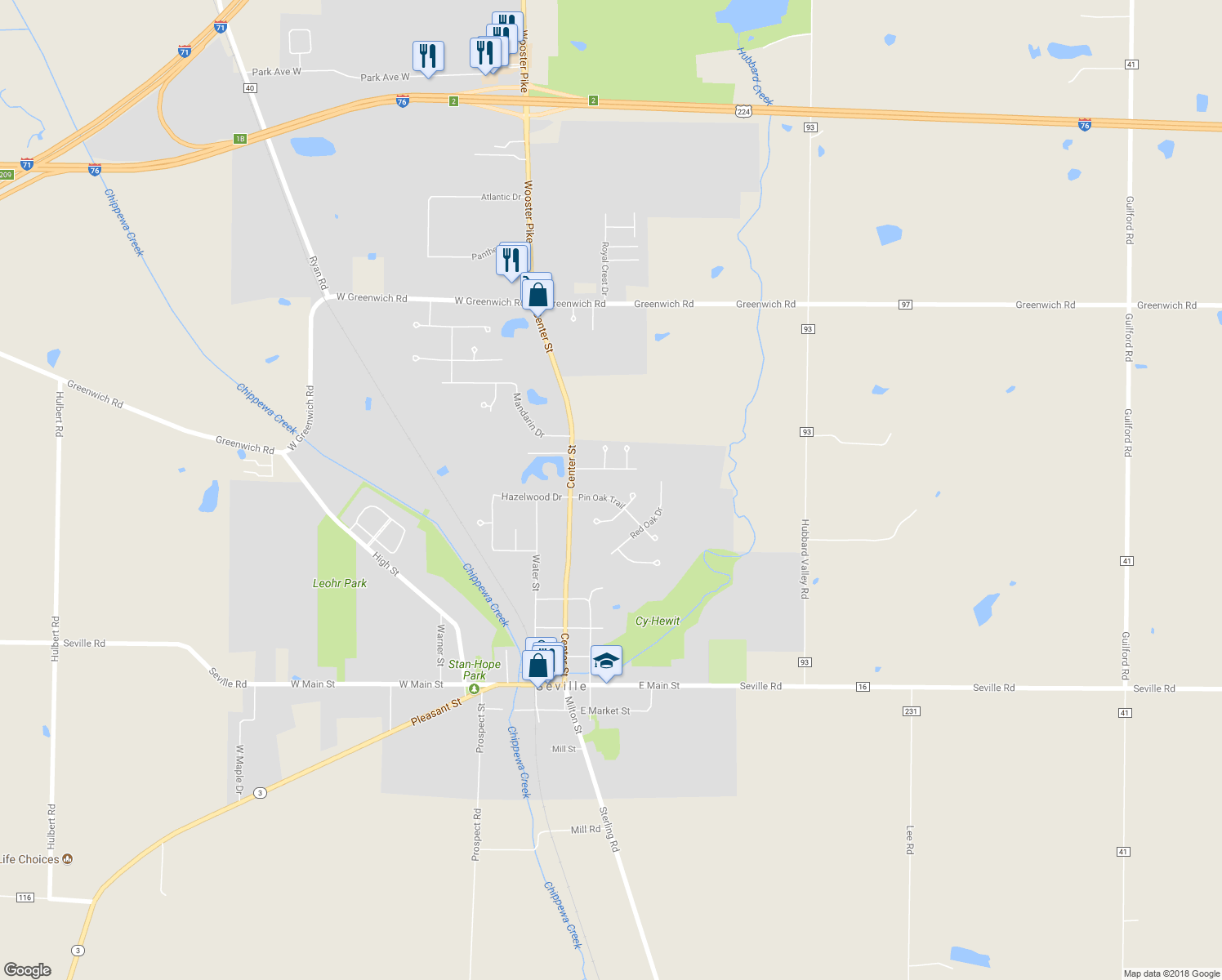 map of restaurants, bars, coffee shops, grocery stores, and more near 110 Pin Oak Trail in Seville