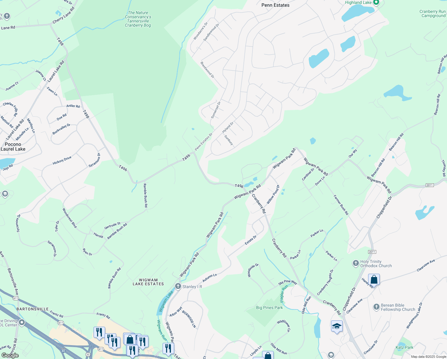 map of restaurants, bars, coffee shops, grocery stores, and more near 412 Cranberry Road in East Stroudsburg